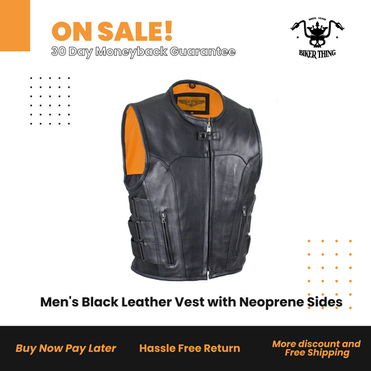 Men's Black Leather Vest with Neoprene Sides