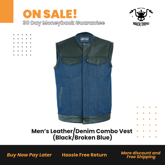 Men’s Leather/Denim Combo Vest (Black/Broken Blue)