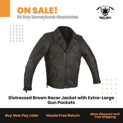 Distressed Brown Racer Jacket with Extra-Large Gun Pockets