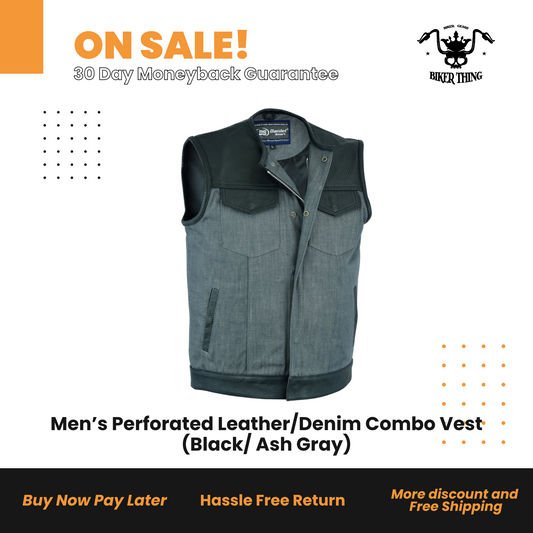 Men’s Perforated Leather/Denim Combo Vest (Black/ Ash Gray)