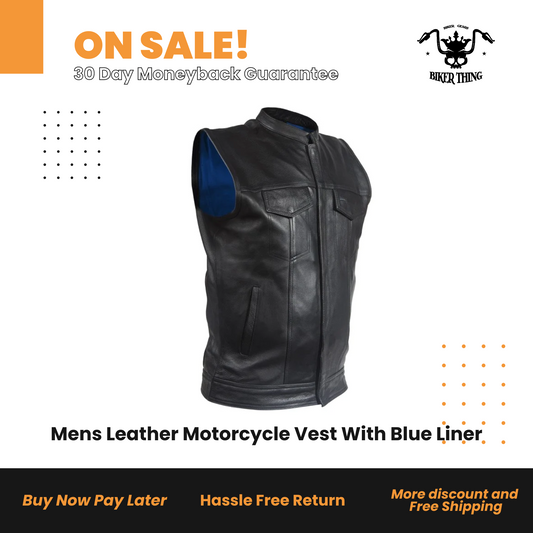 Mens Leather Motorcycle Vest With Blue Liner