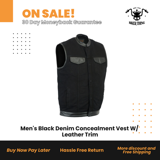 Men's Black Denim Concealment Vest W/ Leather Trim