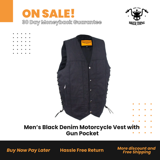 Men’s Black Denim Motorcycle Vest with Gun Pocket