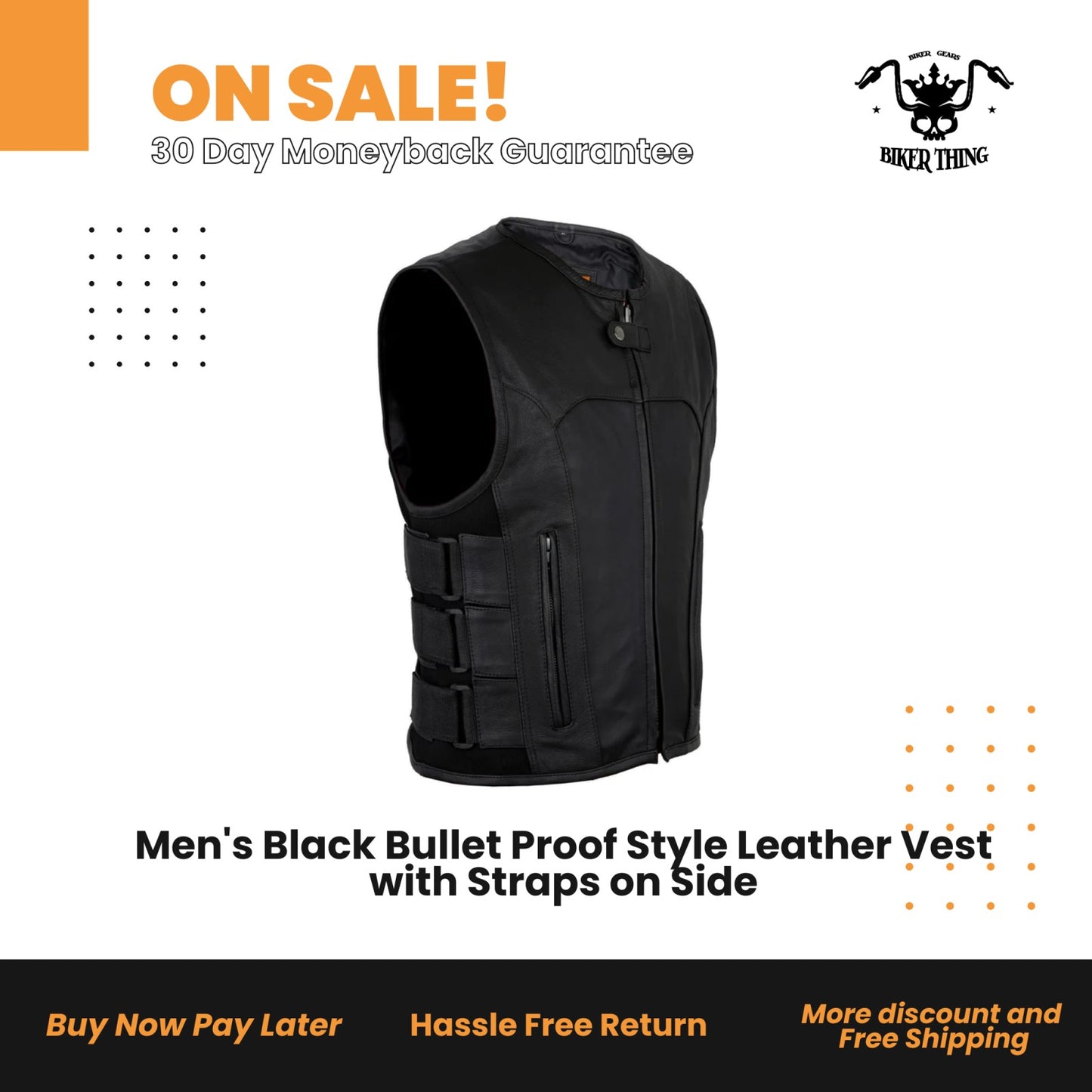 Men's Black Bullet Proof Style Leather Vest with Straps on Side