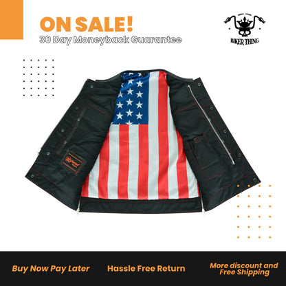 MEN’S LEATHER VEST WITH RED STITCHING AND USA INSIDE FLAG LINING