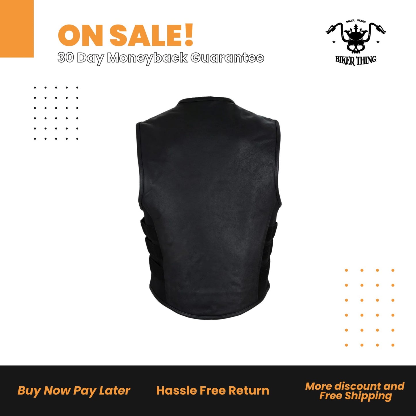 Men's Black Bullet Proof Style Leather Vest with Straps on Side